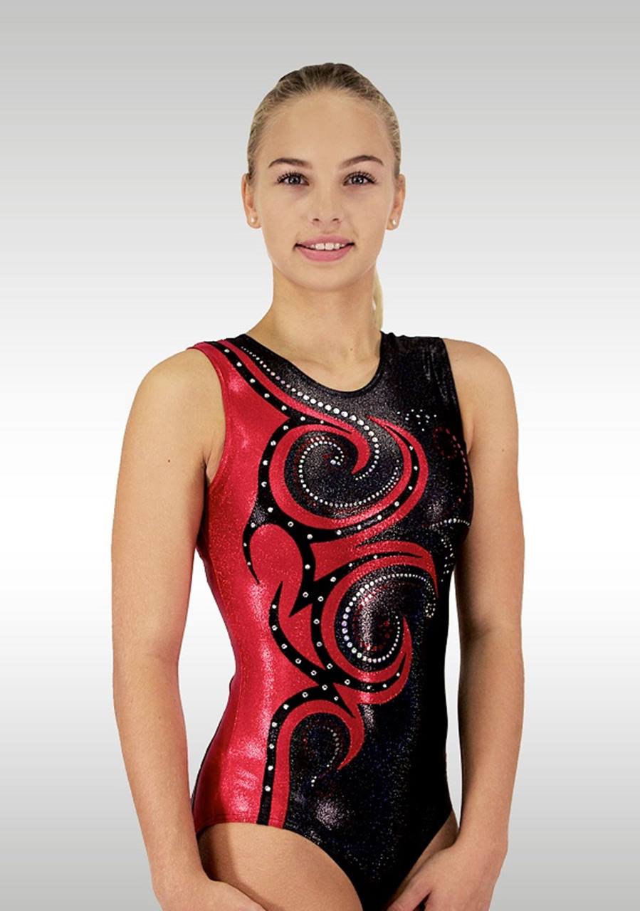 Sleeveless Leotard V695 Wetlook Black Red Glitter